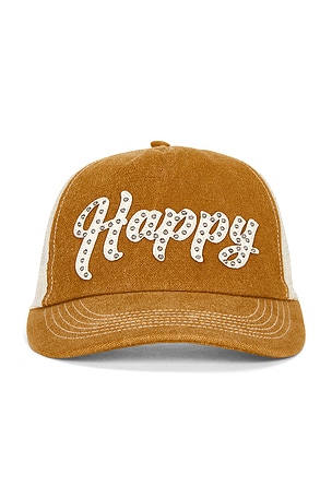 Happy Caps Leather Studded Script Meshback in Brown