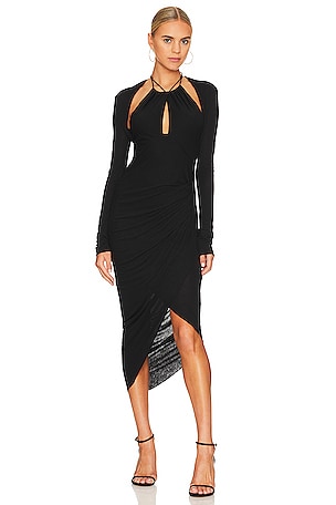 Helmut Lang Long Sleeve Halter Midi Dress in Basalt Black | REVOLVE