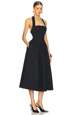 Helsa Faille Halter Midi Dress in Black