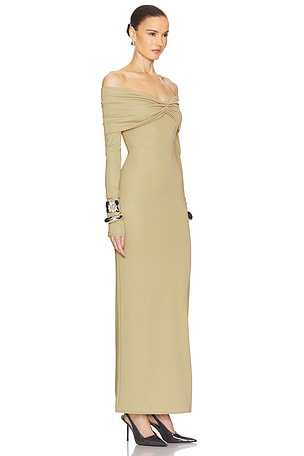 Helsa Matte Jersey Off Shoulder Maxi Dress in Sage