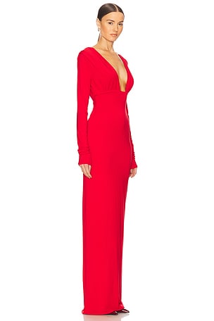 Helsa Jersey Deep V Maxi Dress in Red