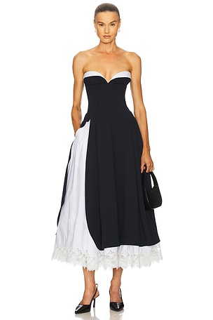 Helsa The Finale Midi Dress With Lace & Poplin in Black