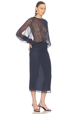 Helsa The Sabrina Midi Dress in Printed Silk Chiffon in Navy