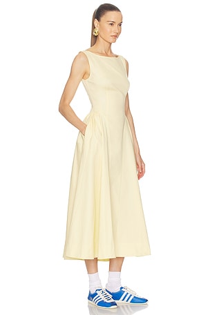 Helsa Stretch Cotton Sateen Midi Dress in Yellow