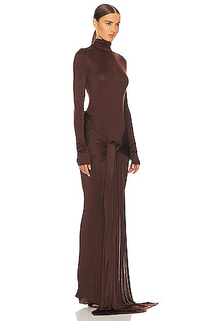 Helsa Slinky Jersey Sarong Maxi Dress in Chocolate