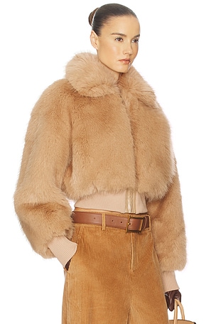 Helsa Faux Fox Bomber Jacket in Tan