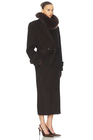 Helsa Bold Shoulder Long Coat in Chocolate