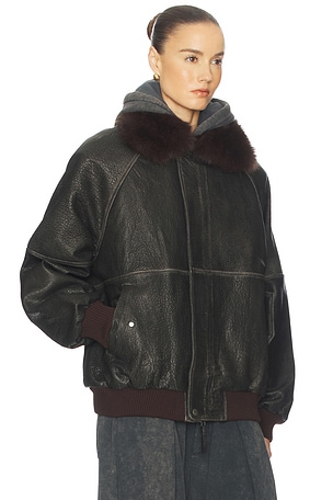 Helsa The Oversized Leather Bomber With Faux Fur Collar in Black