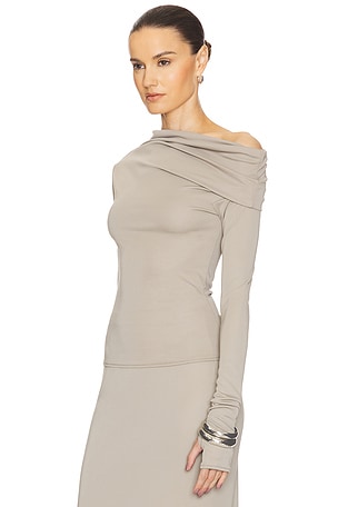 Helsa Matte Jersey Drape Shoulder Top in Grey