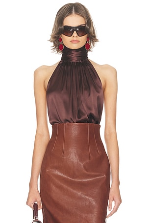 Helsa Silk Charmeuse Halter Top in Chocolate