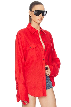 Helsa Washed Linen Shirt in Red. Size L/XL. Also