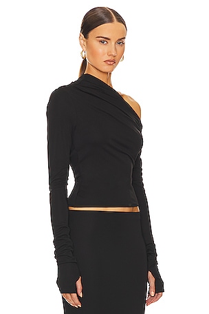 Helsa Matte Jersey Drape Shoulder Top in Black