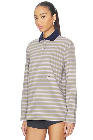 HOMMEgirls X Fruit Of The Loom Striped Long Sleeve Polo in Lavender Stripe in Green,Purple