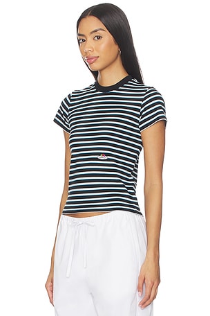 HOMMEgirls X Fruit Of The Loom Striped Baby Tee in Baby Blue With Printed Fruit Clusters in Black,Blue