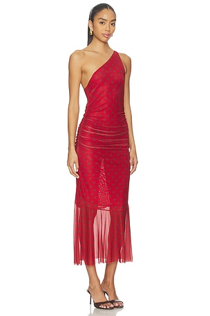 House of Sunny Polka Dot Asymmetric Dress in Red