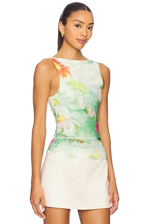 House of Sunny Cosmos Mesh Top in White,Green