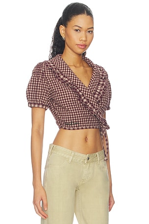 House of Sunny Gingham Ruffle Top in Burgundy