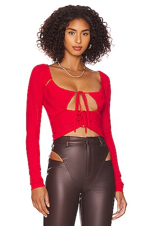 Tularosa Ruffle Cut Out Sweater in Red | REVOLVE