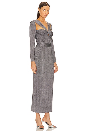 Herve Leger Var Draped Metallic Gown in Metallic Silver