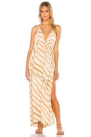 Indah River Triangle Plunge Wrap Skirt Maxi Dress in Golden Zebra | REVOLVE