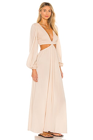 Indah Julie Solid Ruched Bodice Cutaway Maxi Dress in Beige