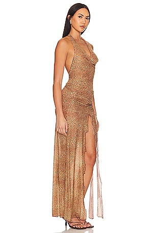 Indah Jlo Printed Cowl Neck Side Split Halter Gown in Brown