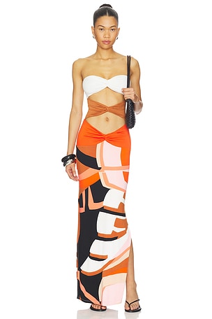 Charlie Printed Maxi Dress With Solid Bandeau Panels Indah