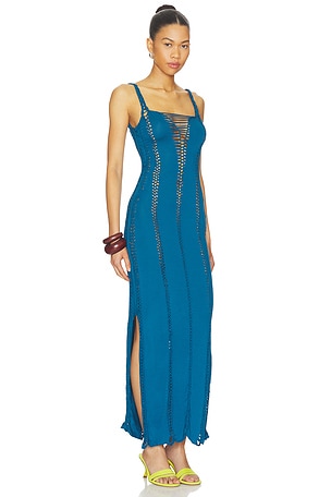 Indah Soren Solid Maxi Slash Dress With Macrame Trim in Blue