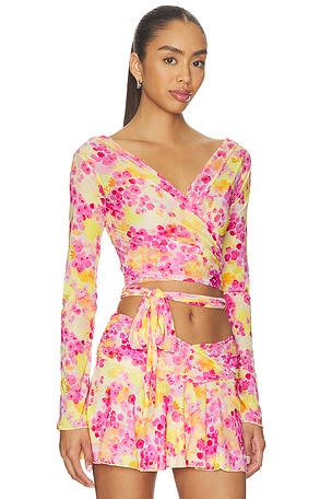 Indah Lori Printed Long Sleeve Wrap Top in Yellow,Pink
