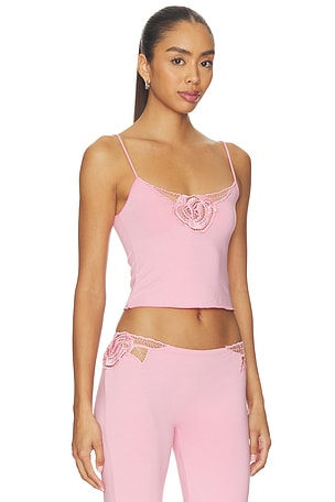 Indah Ruby Solid Tank Top With Embroidered Rose Kerawang Detail in Pink