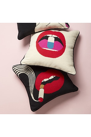 Jonathan Adler Lips Full Dose Needlepoint Throw Pillow in Beige