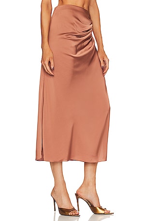 JONATHAN SIMKHAI STANDARD Marguerite Ruched Midi Skirt in Tan