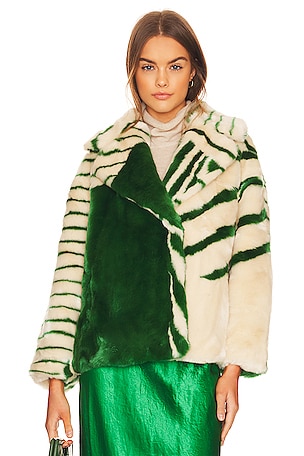 Jakke Rita Faux Fur Coat in Green Stripe | REVOLVE
