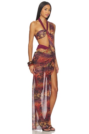 Jaded London Asymmetric Draped Maxi Dress in Burgundy