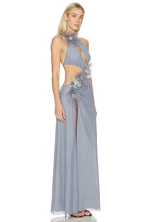 Jaded London Asymmetrical Maxi Dress With 3d Flowers in Grey