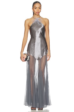 Jaded London Halterneck Satin Mesh Maxi Dress in Metallic Silver