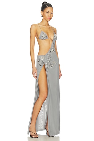 Jaded London Beaded Frayed Maxi Dress in Grey