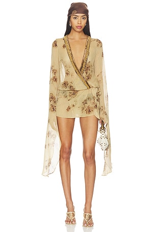 Jaded London Plunge Dress With Maxi Sleeves in Tan