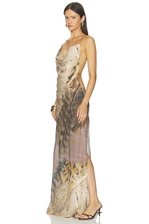 Jaded London Halterneck Maxi Dress With Real Feather Trims in Brown