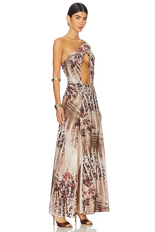 Jaded London Leopard Maxi Ruffle Dress in Brown