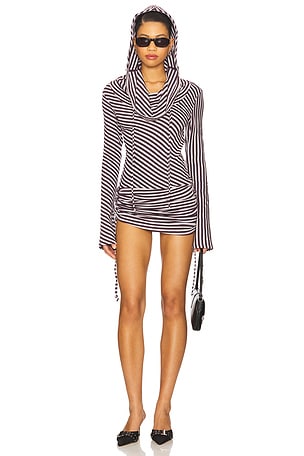 Sporty Stripe Hooded Draped Mini Dress Jaded London