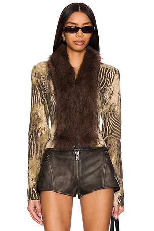 Printed Knit Cardigan With Faux Fur Trim Jaded London