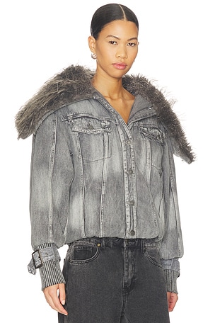 Jaded London Alloy Denim Bomber Jacket With Faux Fur Collar in Grey