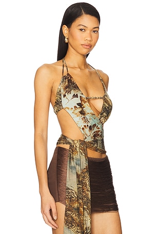 Jaded London Multi Printed Cut Out Draped Top in Brown. Size US 8/ UK 12. Also