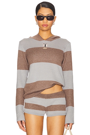 Jaded London Stripe Knitted Rugby Top With Hood in Grey