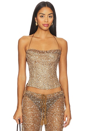 Jaded London Draped Lace Up Corset Top in Tan