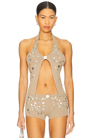 Button Knit Halter Top in Brown Jaded London