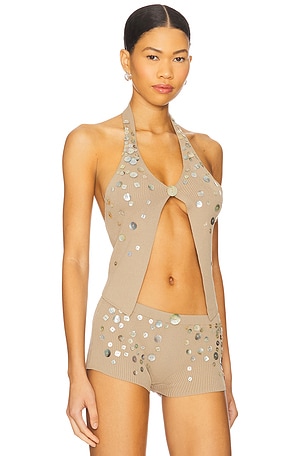 Jaded London Button Knit Halter Top in Brown in Beige