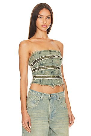 Jaded London Zip Diamante Denim Corset in Denim-Light