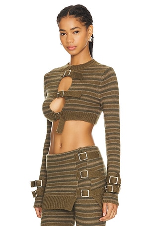 Jaded London Cropped Knitted Stripe Top in Army